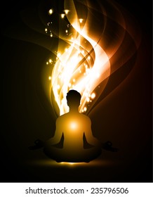 man meditate, yoga. orange abstract background. 