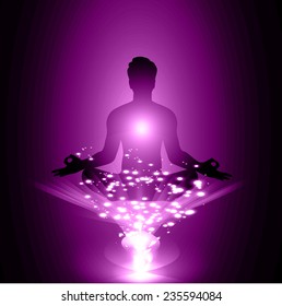 man meditate, yoga. purple background. 