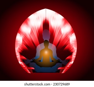 man meditate, yoga. red abstract background.