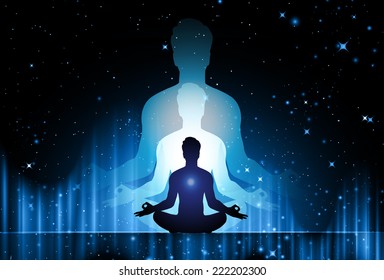 man meditate, yoga, star cosmos galaxy universe background.