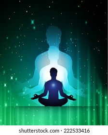 man meditate, yoga, star cosmos galaxy universe background. 