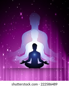 man meditate, yoga, star cosmos galaxy universe Purple background. 