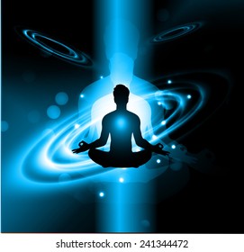 man meditate, yoga. star galaxy background.