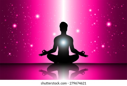 man meditate, yoga. star galaxy pink background.