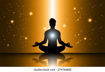 man meditate, yoga. star galaxy orange background.