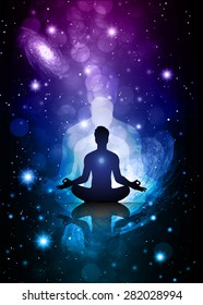 man meditate, yoga. Stars of a planet and galaxy in a free space. Dark purple blue Defocused Light, Flickering Lights, Vector abstract festive background with bokeh defocused lights. universe