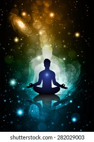 man meditate, yoga. Stars of a planet and galaxy in a free space. Dark orange blue Defocused Light, Flickering Lights, Vector abstract festive background with bokeh defocused lights. universe