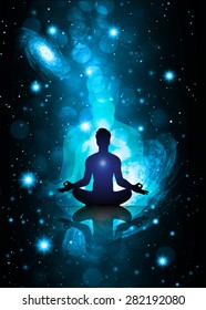 man meditate, yoga. Stars of a planet and galaxy in a free space. Dark blue Defocused Light, Flickering Lights, Vector abstract festive background with bokeh defocused lights. universe