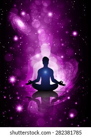 man meditate, yoga. Stars of a planet and galaxy in a free space. Dark purple Defocused Light, Flickering Lights, Vector abstract festive background with bokeh defocused lights. universe