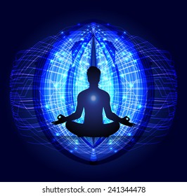 man meditate, yoga.abstract Dark blue radius background, yoga.