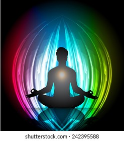 man meditate, yoga.abstract Dark colorful radius background,
