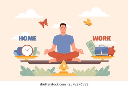 A man meditates, balancing work and home on scales. Flat design on a beige background. Represents harmony, balance, and mindfulness in life. Vector illustration