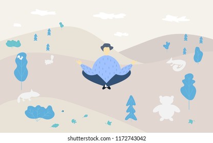 A man meditates in the forest in a lotus position. Hills, forest and animals in a flat style.