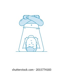 A man meditates in headstand. Calmness and relaxation, relaxation. Stress relief. Character - a man. Illustration in line art style. Vector