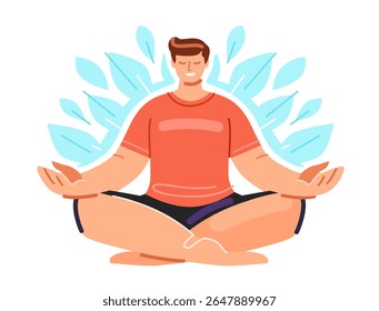 Man meditates in lotus pose. Human is doing yoga. Relaxation, self care, harmony, meditation, healthy lifestyle