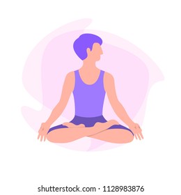 Man meditates in the Lotus position. Calm pose, mental balance, harmony, spirituality energy, body exercise sitting. Flat vector illustration.