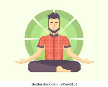 Man meditates in the Lotus position. Calm pose, mental balance, harmony, spirituality energy, body exercise sitting. Flat vector illustration.