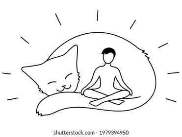 A man meditates in the lotus position, sitting on a large cat. Calm and tranquility concept. Cute smiling big cat. Contour drawing. Black outlines isolated on a white background. Vector illustration.
