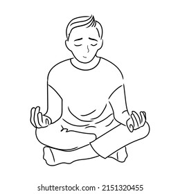 Man meditates in the lotus position.Outline drawing of a man in the lotus position vector illustration on a white background.Mental health concept