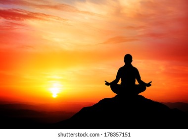 Man meditates in the nature. Vector illustration. 
