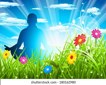 Man meditates on beautiful meadow. Sunny day.