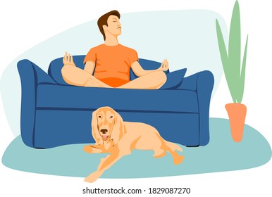 a man meditates on the sofa, next to a red dog.The "stay at home" campaign to fight the coronavirus.Flat style illustration with handwritten social distancing is a new self-care quote