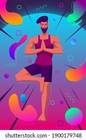 Man meditates, practices yoga in tree pose with eyes closed.