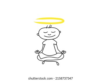 A man meditates while sitting in the lotus position. Hand-drawn, doodle character with a halo over his head. The boy is doing yoga.	