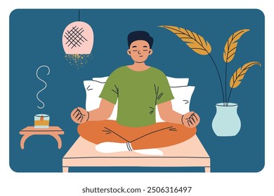 Man meditating in bed, a peaceful morning routine vector illustration. The flat, cartoon style design, a cozy boho bedroom with aroma candle, tranquility and self care before sleeping, bedtime habits