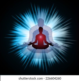 man meditating blue lights abstract background, yoga. 
