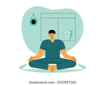 A man meditating with both hands on his lap, wearing dark green clothes and looking calm with closed eyes, background of wall decoration and large window, vector illustration.