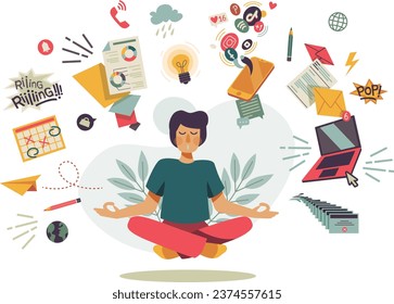 Man meditating in calm, with mental load. Concept illustration for meditation and healthy lifestyle. Vector illustration Separated on a white background.