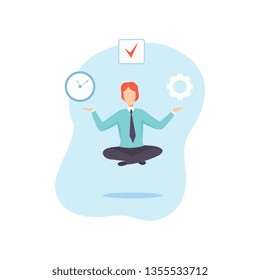 Man Meditating with Clock Around Him, Businessman Planning, Organizing, Controlling Working Time, Business Concept of Time Management Vector Illustration