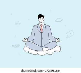 man meditating in the company illustration set. cloud, float, business man, think.  Vector drawing. Hand drawn style.