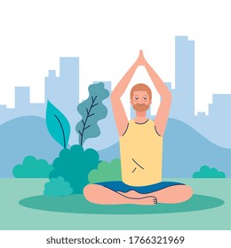 man meditating, concept for yoga, meditation, relax, healthy lifestyle in landscape vector illustration design