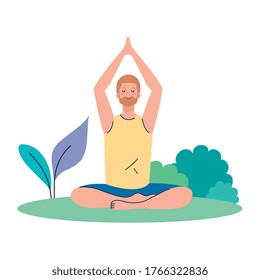 man meditating, concept for yoga, meditation, relax, healthy lifestyle in landscape vector illustration design