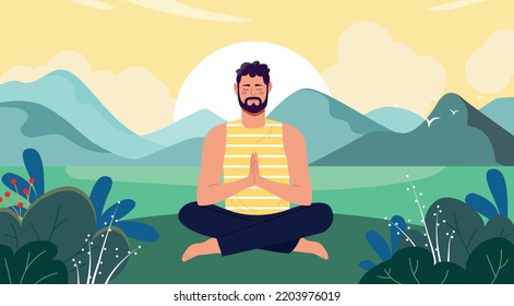 Man meditating concept. Young guy sits in lotus position in clearing against backdrop of mountains. Outdoor workouts. Yoga, active lifestyle, fitness and sports. Cartoon flat vector illustration