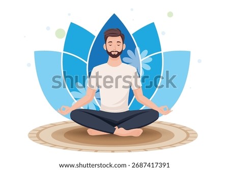 A man is meditating in a cross leg position with closed eyes sitting on a mat with a blue lotus background promoting relaxation focus and inner peace through yoga practice