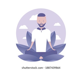 A man is meditating. Deep meditation. Vector illustration for telework, remote working and freelancing, business, start up, social media and blog