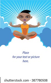 Man meditating flat illustration of calm tanned man doing yoga in the lotus position in blue sky. Young man sitting on cloud. Retro sunburst sky background. Place for your text. Card, banner, poster.