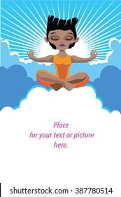 Man meditating flat illustration of calm tanned man doing yoga in the lotus position in blue sky. Young man sitting on cloud. Retro sunburst sky background. Place for your text. Card, banner, poster.