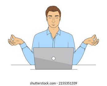 A man meditating in front of a laptop in office clothes with his eyes closed. Vector illustration in comic style isolated on white background