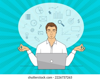 A man meditating in front of a laptop in office clothes with his eyes closed. Peace of mind when solving work tasks while working remotely. Vector illustration in pop art style