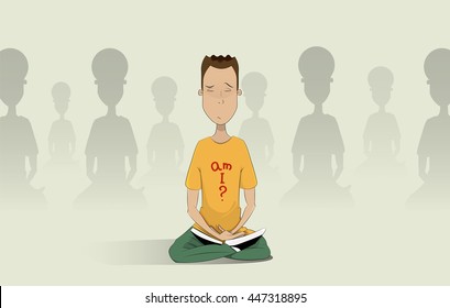 man meditating in the hall of the ashram. Spiritual, religious, find themselves cultivation, seclusion concept illustration. Vector