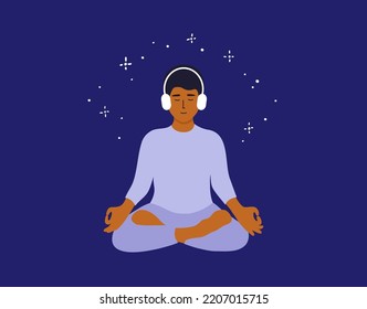 Man meditating in headphones. Young male sitting lotus pose listening audio meditation. Music for relax. Mental health, self care, zen yoga, mindfulness vector illustration. Harmony, balance concept