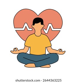 Man meditating with heart and heartbeat symbol behind. Concept of mental and physical wellnes