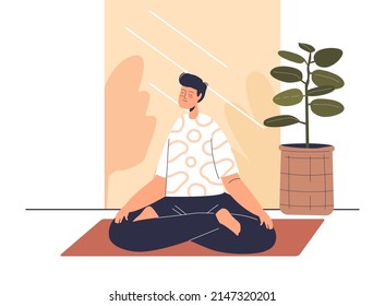 Man meditating at home sit with crossed legs in lotus pose relaxing and recreating. Male practice yoga and meditation at home for mind health and wellness. Cartoon flat vector illustration