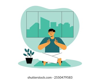 Hombre meditando en el interior, con las piernas cruzadas sobre una colchoneta verde claro, con ambas manos delante de su pecho formando un símbolo mudra, su cara calmada y sus ojos cerrados, Ilustración vectorial.