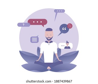 A man is meditating. Internal dialogue. Vector illustration for telework, remote working and freelancing, business, start up, social media and blog
