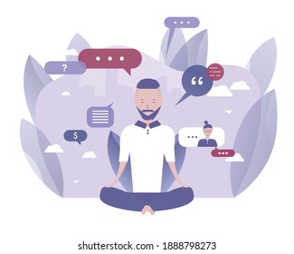 A man is meditating. Internal dialogue. Vector illustration for telework, remote working and freelancing, business, start up, social media and blog
